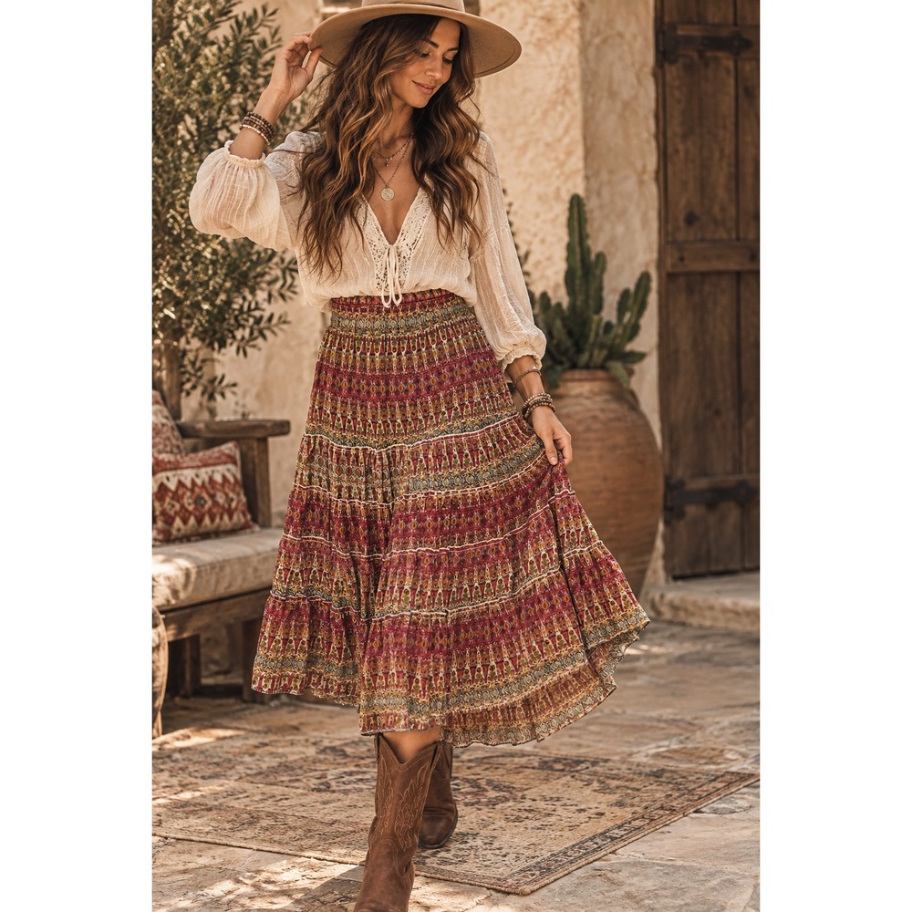 Women's Medium Pink Green Blue Boho Prairie Paisley Tiered Chiffon Midi Skirt